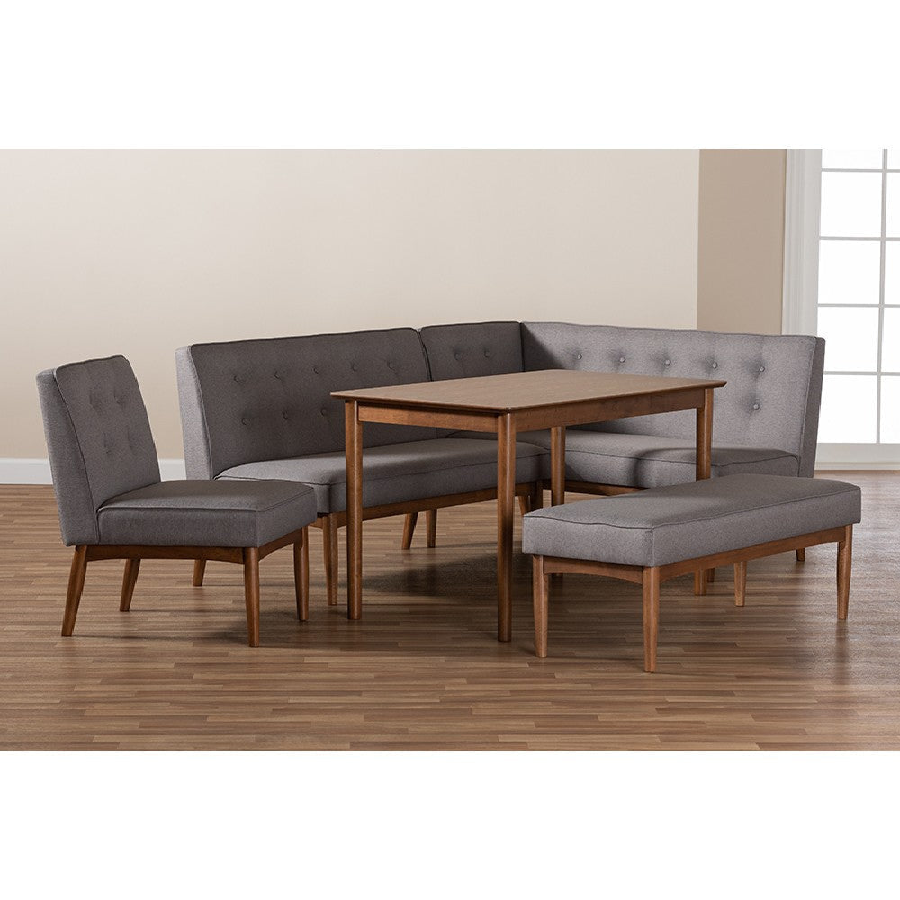 Baxton Studio Arvid Mid-Century Modern Gray Fabric Upholstered 5-Piece Wood Dining Nook Set WHI-BBT8051-Grey-Walnut-5PC-Dining-Nook-Set