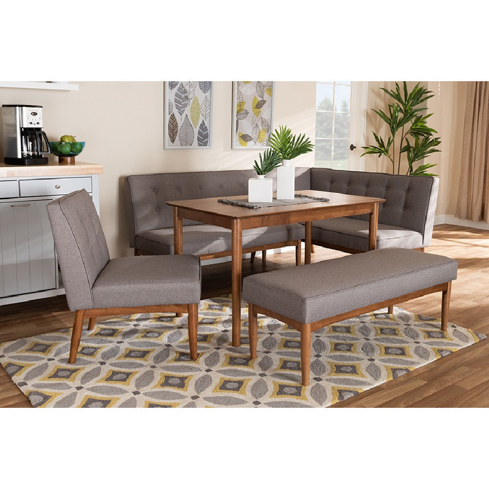 Baxton Studio Arvid Mid-Century Modern Gray Fabric Upholstered 5-Piece Wood Dining Nook Set WHI-BBT8051-Grey-Walnut-5PC-Dining-Nook-Set