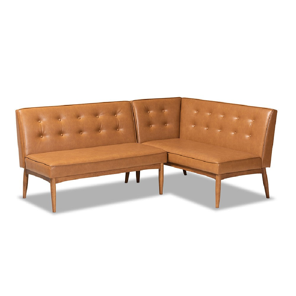 Baxton Studio Arvid Mid-Century Modern Tan Faux Leather Upholstered and Walnut Brown Finished 2-Piece Wood Dining Nook Banquette Set