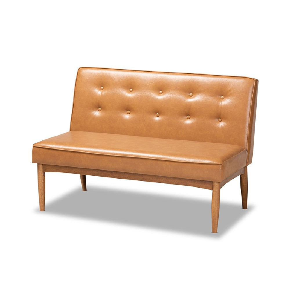 Baxton Studio Arvid Mid-Century Modern Tan Faux Leather Upholstered and Walnut Brown Finished 2-Piece Wood Dining Nook Banquette Set
