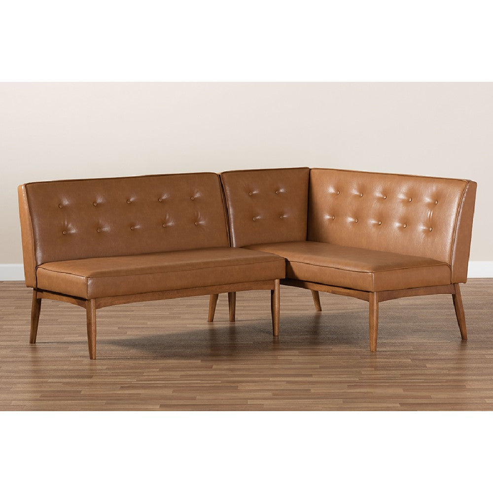 Baxton Studio Arvid Mid-Century Modern Tan Faux Leather Upholstered and Walnut Brown Finished 2-Piece Wood Dining Nook Banquette Set