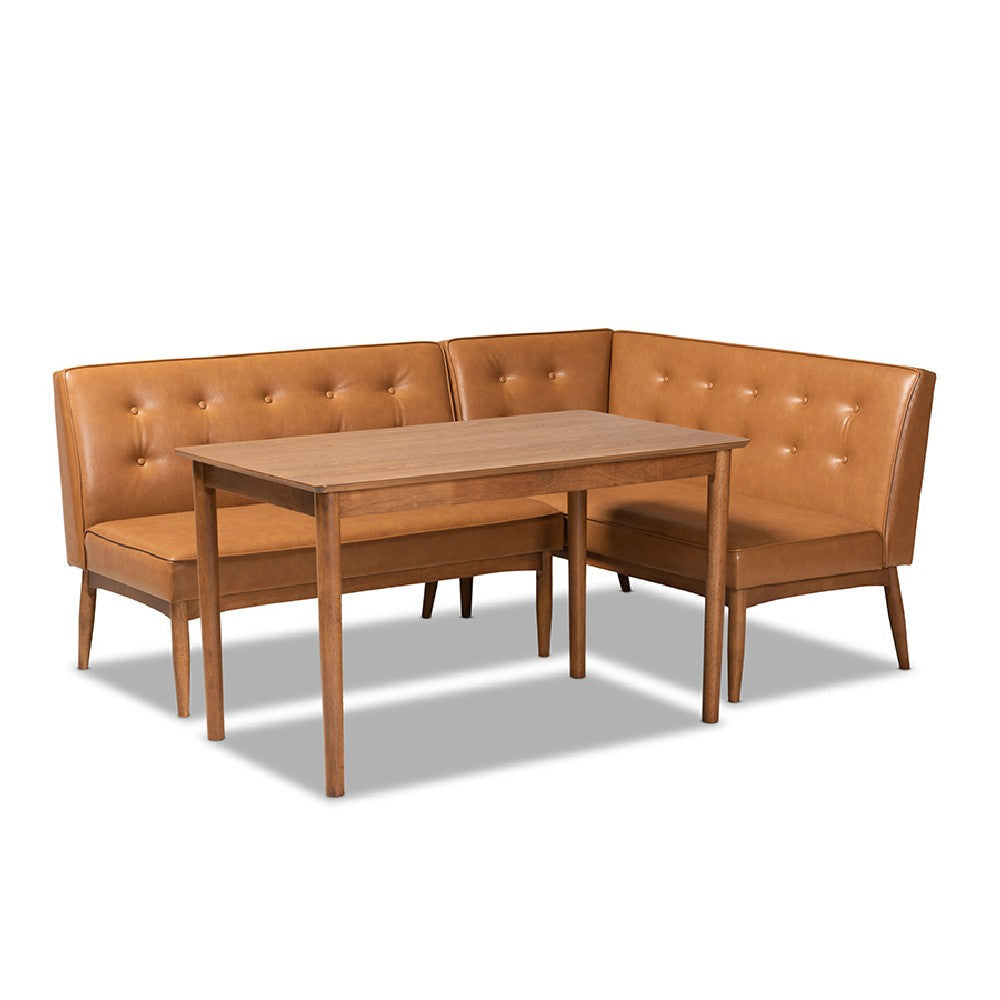 Baxton Studio Arvid Mid-Century Modern Tan Faux Leather Upholstered and Walnut Brown Finished Wood 3-Piece Dining Nook Set