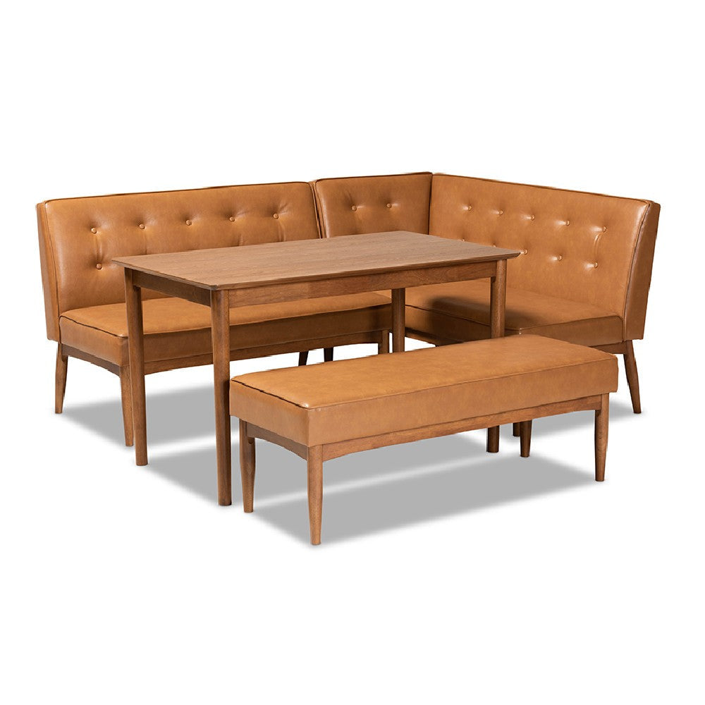 Baxton Studio Arvid Mid-Century Modern Tan Faux Leather Upholstered and Walnut Brown Finished Wood 4-Piece Dining Nook Set