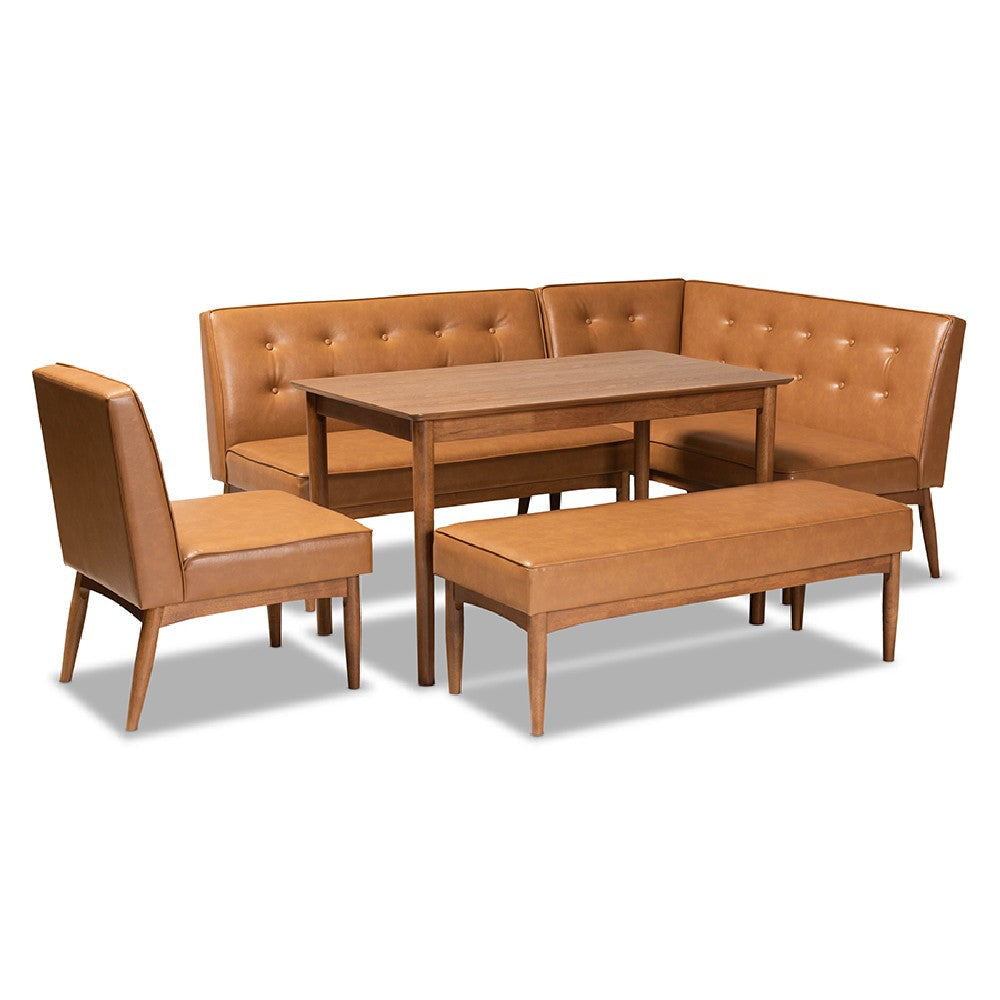 Baxton Studio Arvid Mid-Century Modern Tan Faux Leather Upholstered and Walnut Brown Finished Wood 5-Piece Dining Nook Set