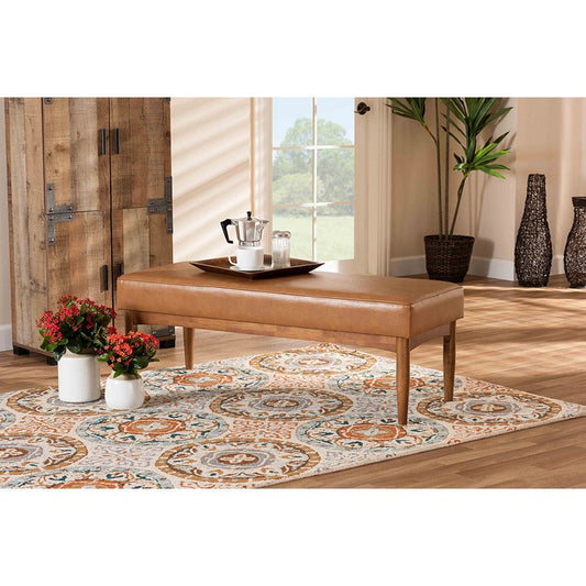 Baxton Studio Arvid Mid-Century Modern Tan Faux Leather Upholstered and Walnut Brown Finished Wood Dining Bench