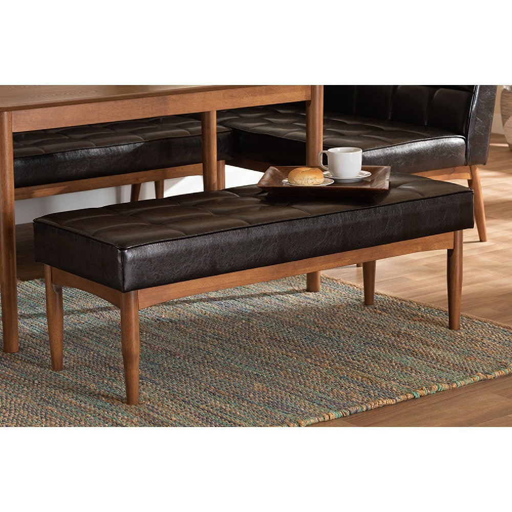 Baxton Studio Sanford Mid-Century Modern Dark Brown Faux Leather Upholstered and Walnut Brown Finished Wood Dining Bench