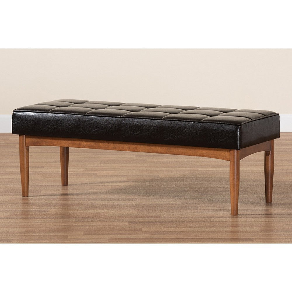 Baxton Studio Sanford Mid-Century Modern Dark Brown Faux Leather Upholstered and Walnut Brown Finished Wood Dining Bench