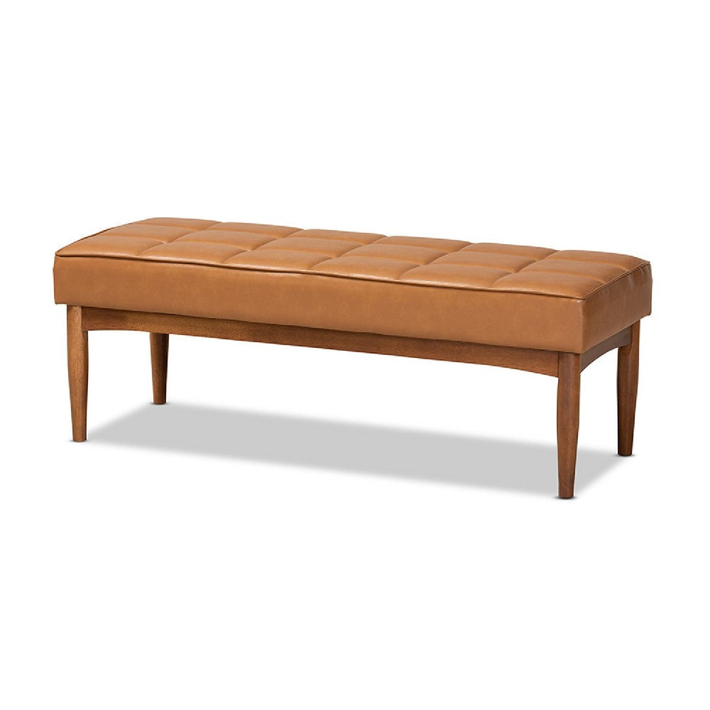 Baxton Studio Sanford Mid-Century Modern Tan Faux Leather Upholstered and Walnut Brown Finished Wood Dining Bench