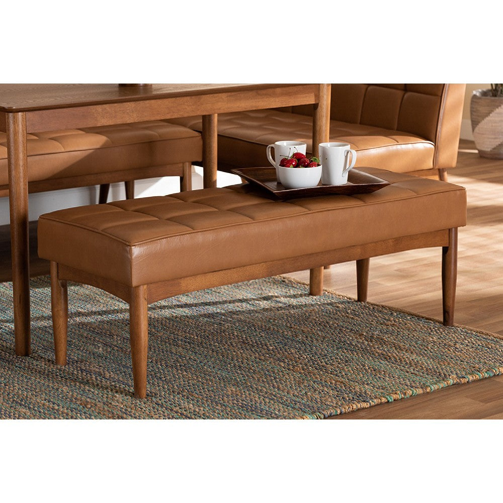 Baxton Studio Sanford Mid-Century Modern Tan Faux Leather Upholstered and Walnut Brown Finished Wood Dining Bench
