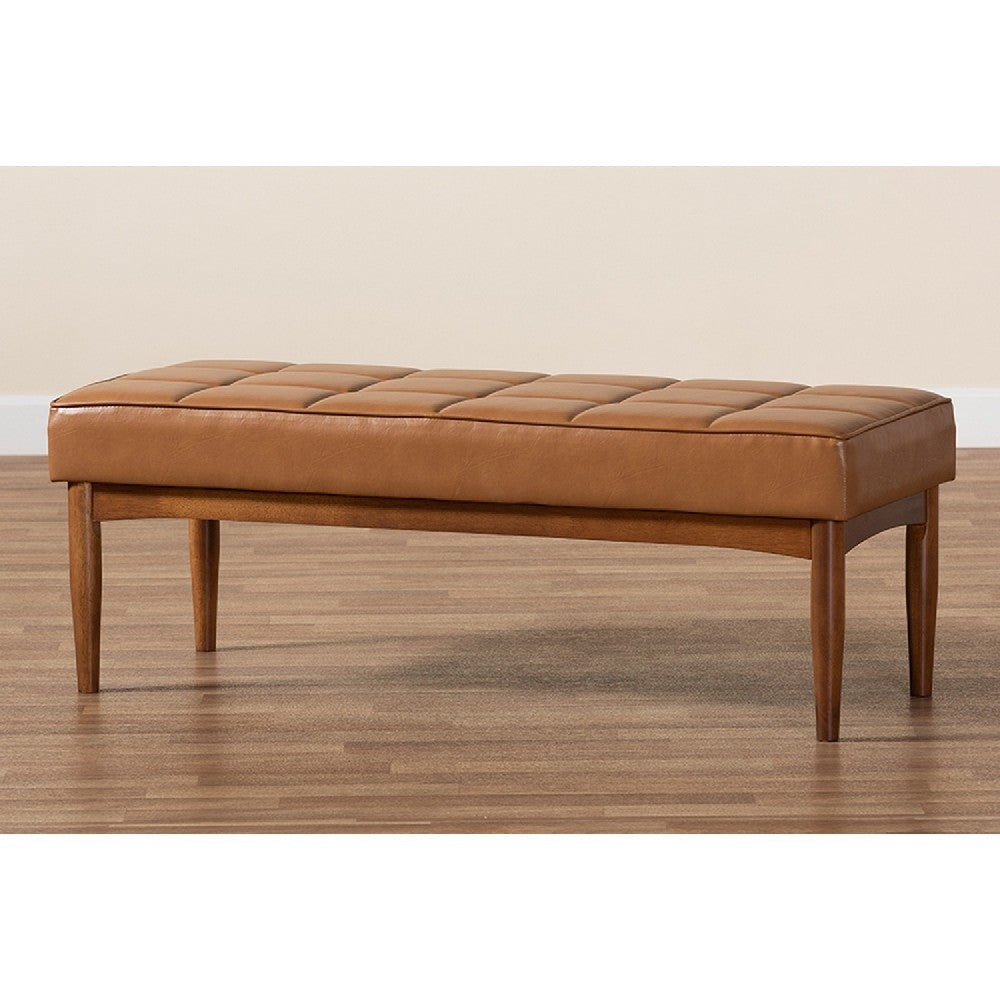 Baxton Studio Sanford Mid-Century Modern Tan Faux Leather Upholstered and Walnut Brown Finished Wood Dining Bench