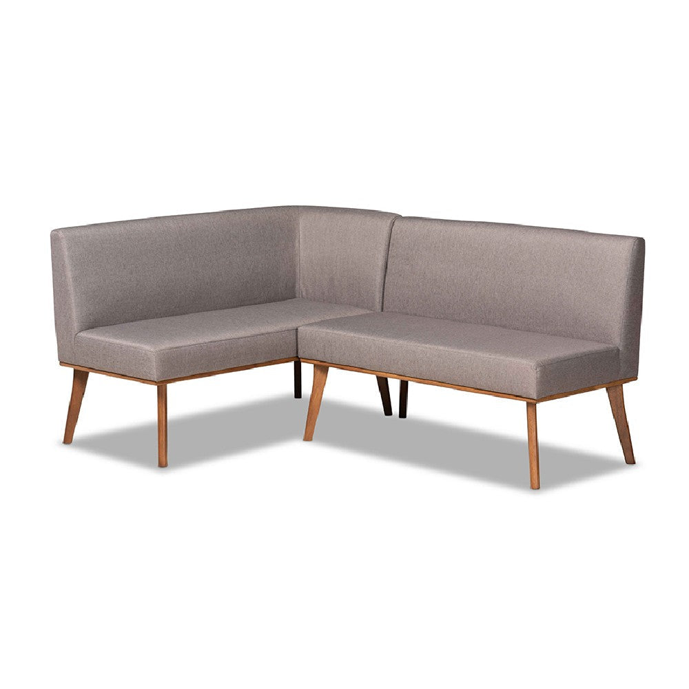 Baxton Studio Odessa Mid-Century Modern Grey Fabric Upholstered and Walnut Brown Finished 2-Piece Wood Dining Nook Banquette Set