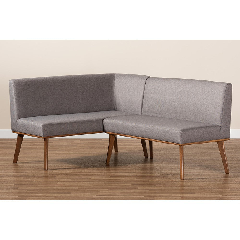 Baxton Studio Odessa Mid-Century Modern Grey Fabric Upholstered and Walnut Brown Finished 2-Piece Wood Dining Nook Banquette Set