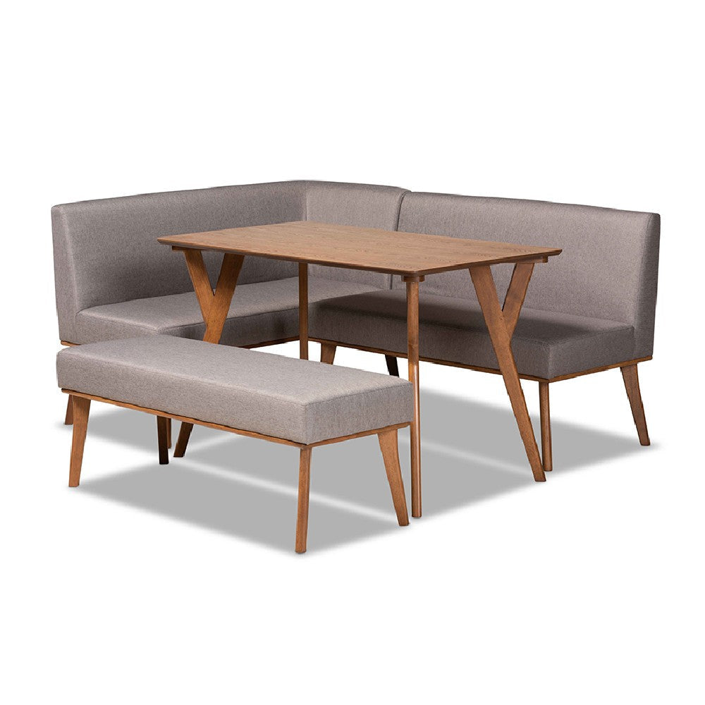 Baxton Studio Odessa Mid-Century Modern Grey Fabric Upholstered and Walnut Brown Finished Wood 4-Piece Dining Nook Set