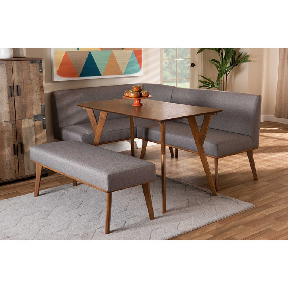 Baxton Studio Odessa Mid-Century Modern Grey Fabric Upholstered and Walnut Brown Finished Wood 4-Piece Dining Nook Set