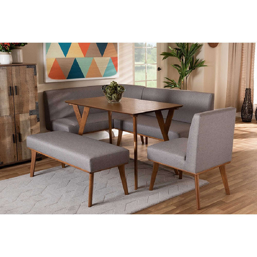 Baxton Studio Odessa Mid-Century Modern Grey Fabric Upholstered and Walnut Brown Finished Wood 5-Piece Dining Nook Set