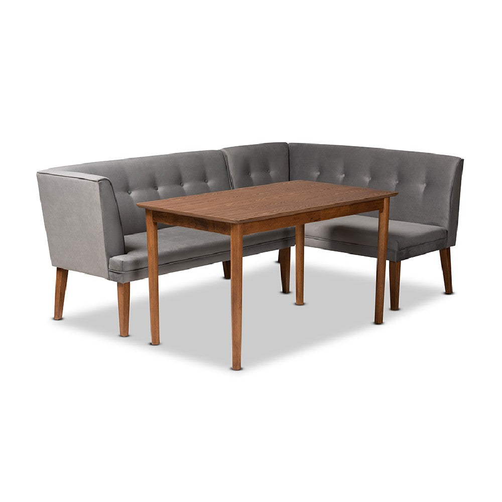 Baxton Studio Stewart Mid-Century Modern Grey Velvet Upholstered and Walnut Brown Finished Wood 3-Piece Dining Nook Set
