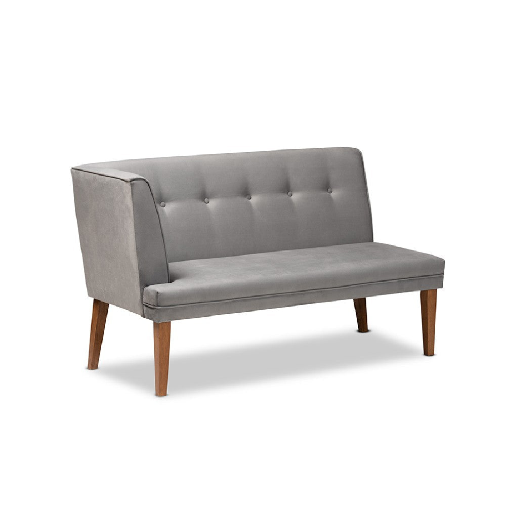 Baxton Studio Stewart Mid-Century Modern Grey Velvet Upholstered and Walnut Brown Finished Wood 3-Piece Dining Nook Set