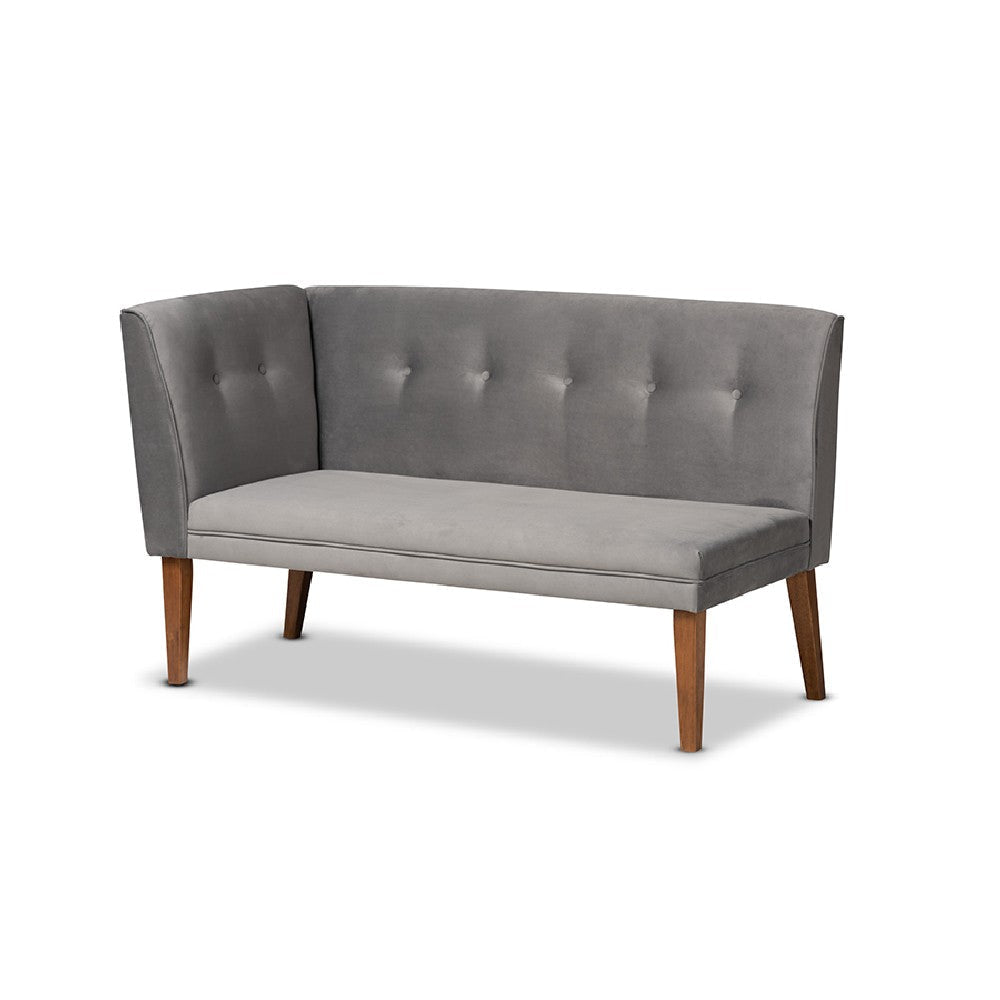 Baxton Studio Stewart Mid-Century Modern Grey Velvet Upholstered and Walnut Brown Finished Wood 3-Piece Dining Nook Set