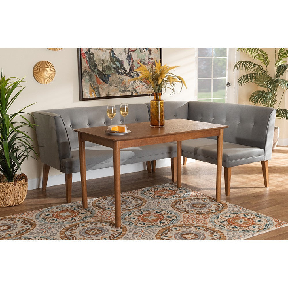 Baxton Studio Stewart Mid-Century Modern Grey Velvet Upholstered and Walnut Brown Finished Wood 3-Piece Dining Nook Set