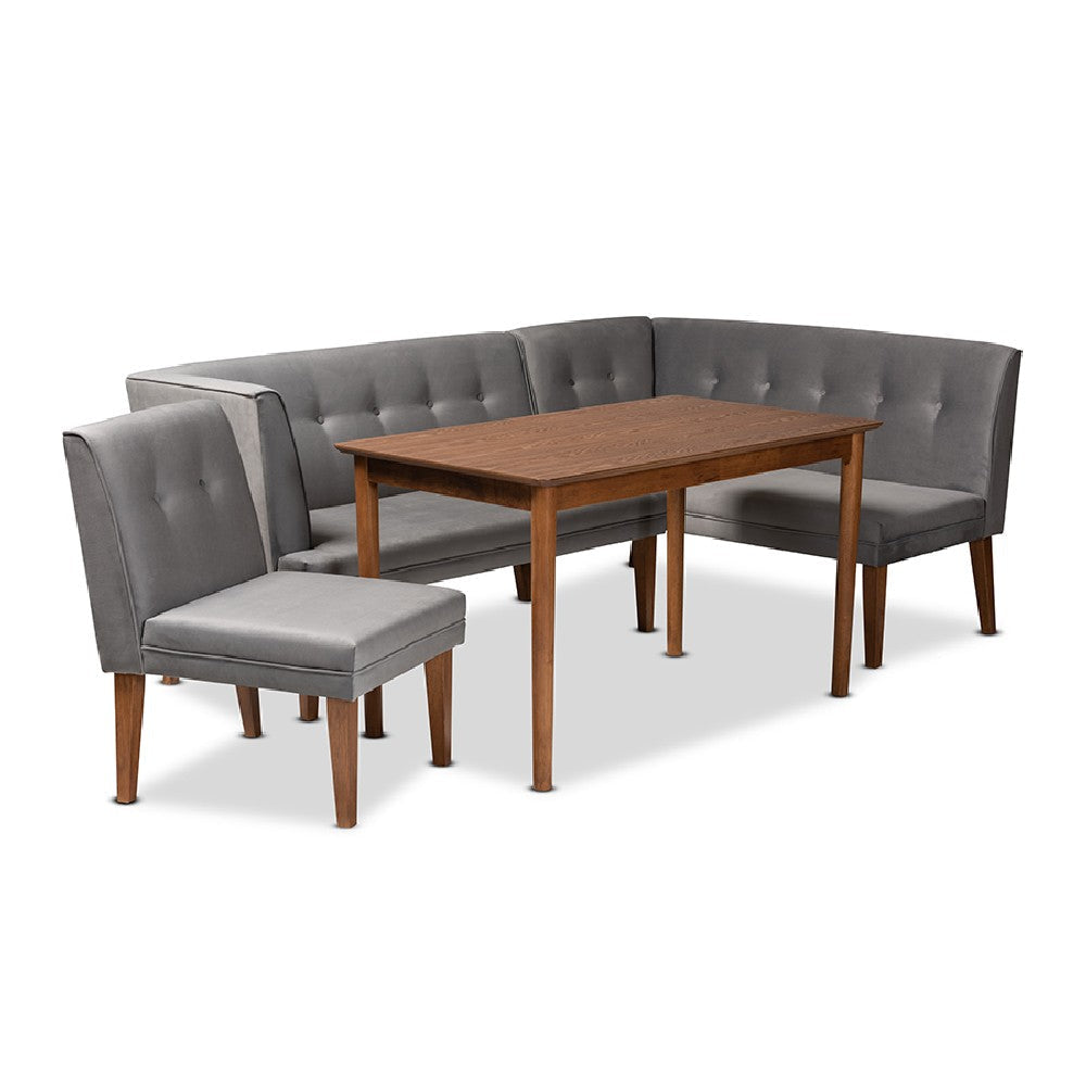Baxton Studio Stewart Mid-Century Modern Grey Velvet Upholstered and Walnut Brown Finished Wood 4-Piece Dining Nook Set