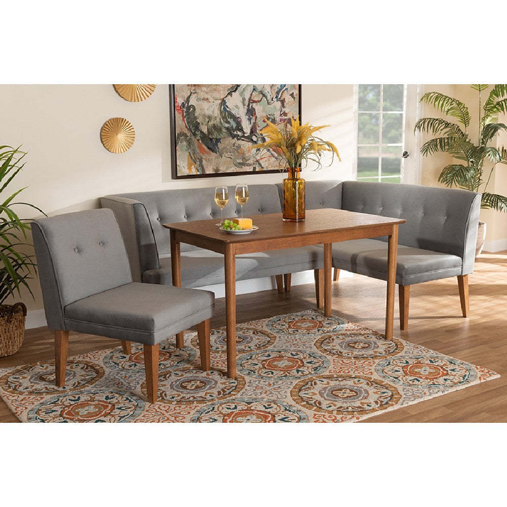 Baxton Studio Stewart Mid-Century Modern Grey Velvet Upholstered and Walnut Brown Finished Wood 4-Piece Dining Nook Set