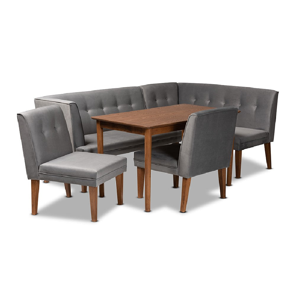 Baxton Studio Stewart Mid-Century Modern Grey Velvet Upholstered and Walnut Brown Finished Wood 5-Piece Dining Set