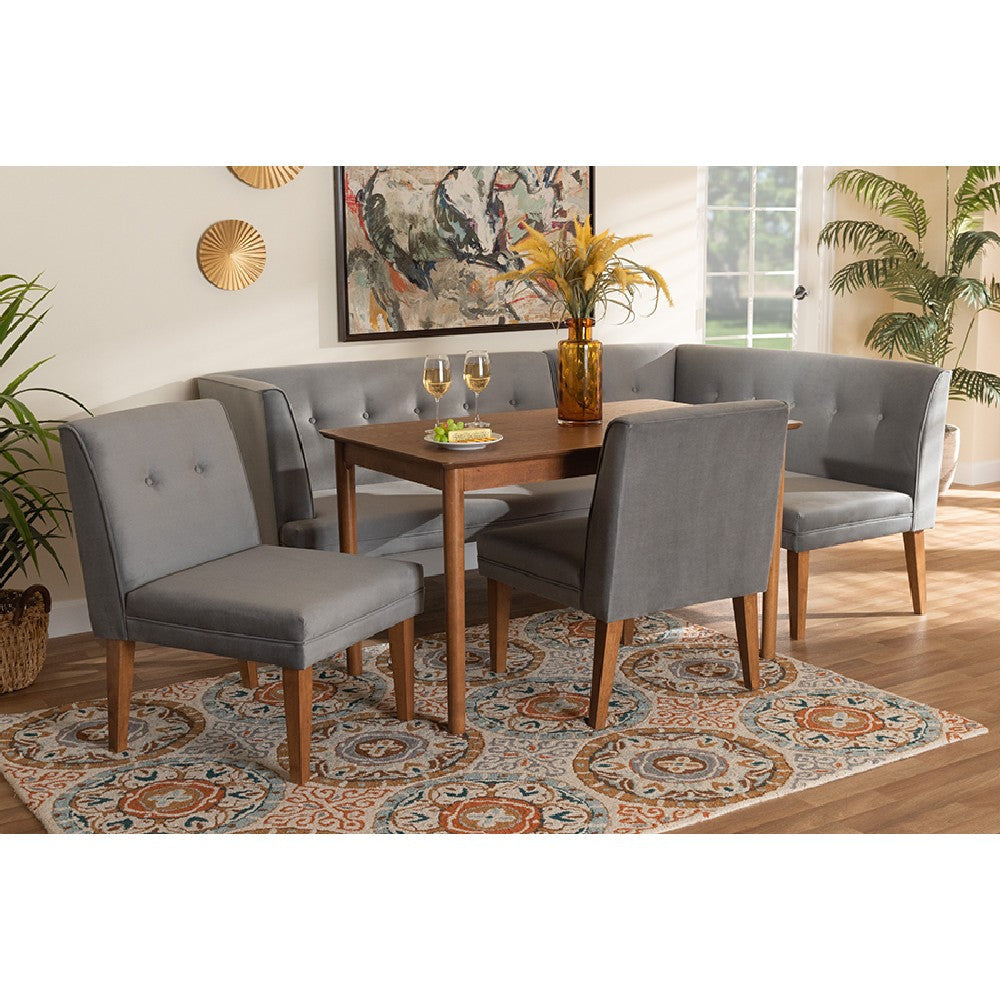 Baxton Studio Stewart Mid-Century Modern Grey Velvet Upholstered and Walnut Brown Finished Wood 5-Piece Dining Set