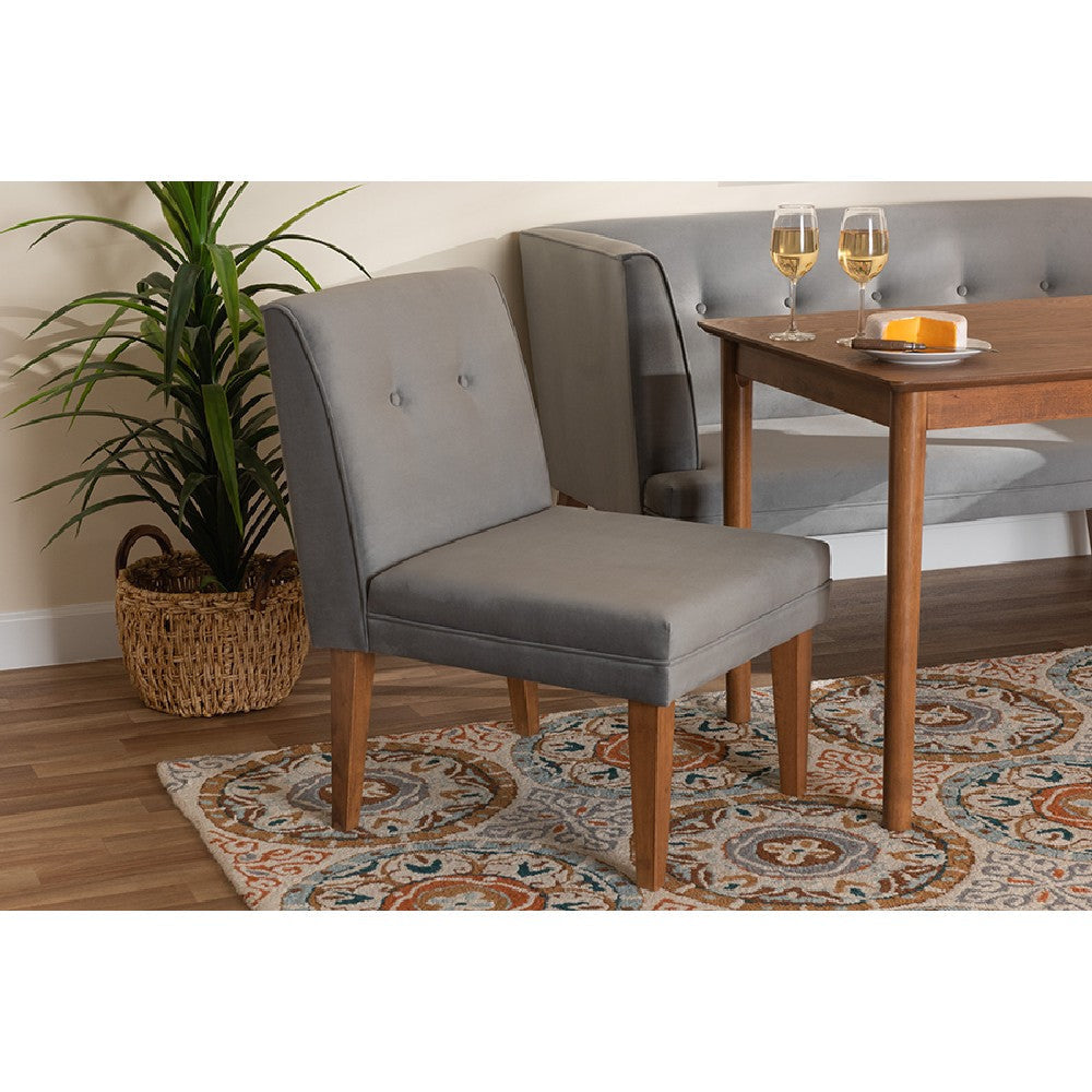 Baxton Studio Stewart Mid-Century Modern Grey Velvet Upholstered and Walnut Brown Finished Wood Dining Chair