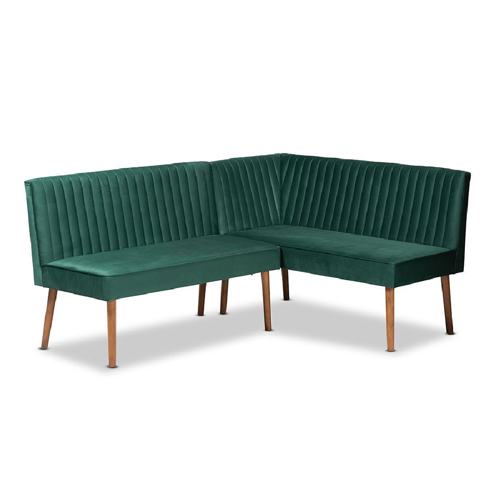 Baxton Studio Alvis Mid-Century Modern Emerald Green Velvet Upholstered and Walnut Brown Finished Wood 2-Piece Dining Nook Banquette Set
