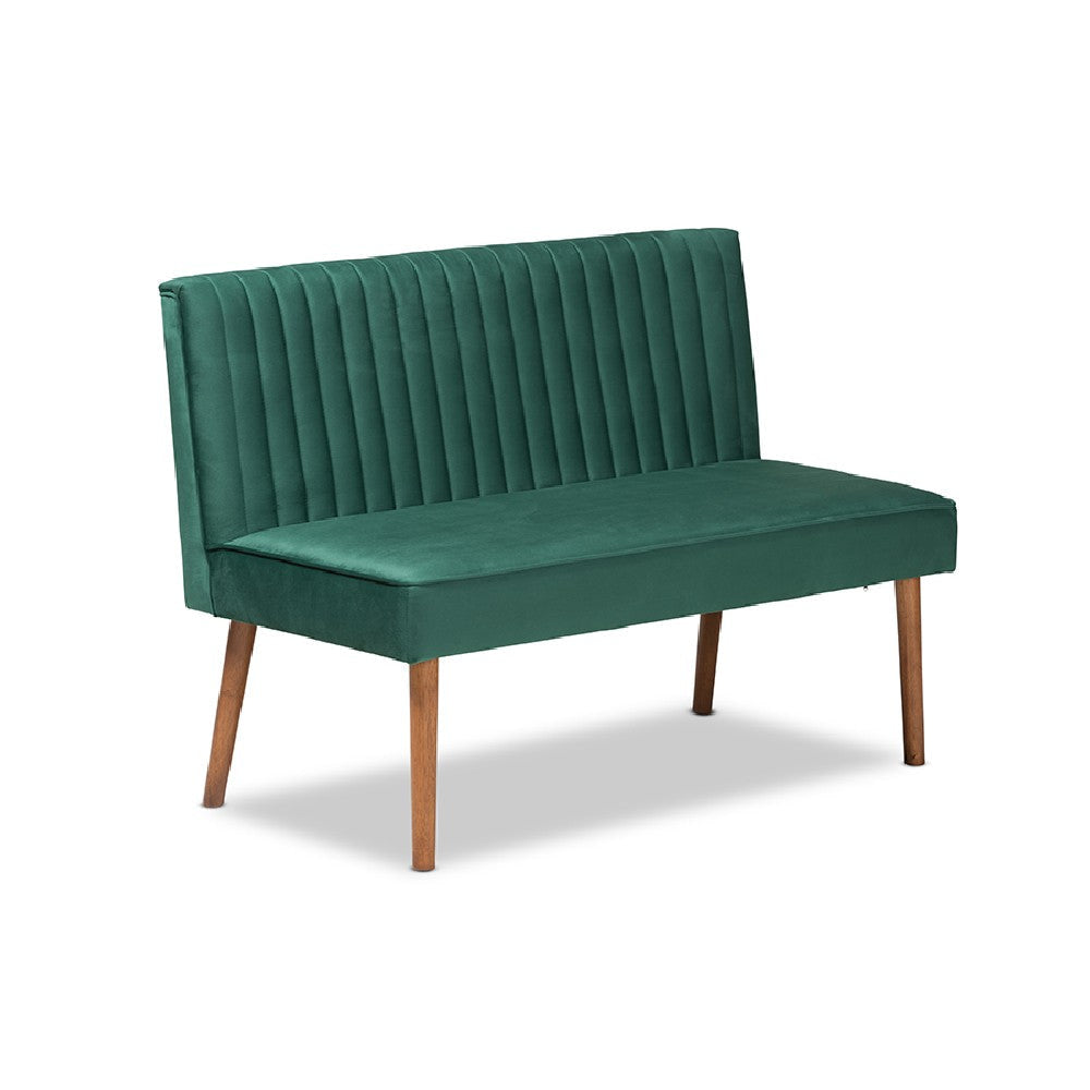 Baxton Studio Alvis Mid-Century Modern Emerald Green Velvet Upholstered and Walnut Brown Finished Wood 2-Piece Dining Nook Banquette Set
