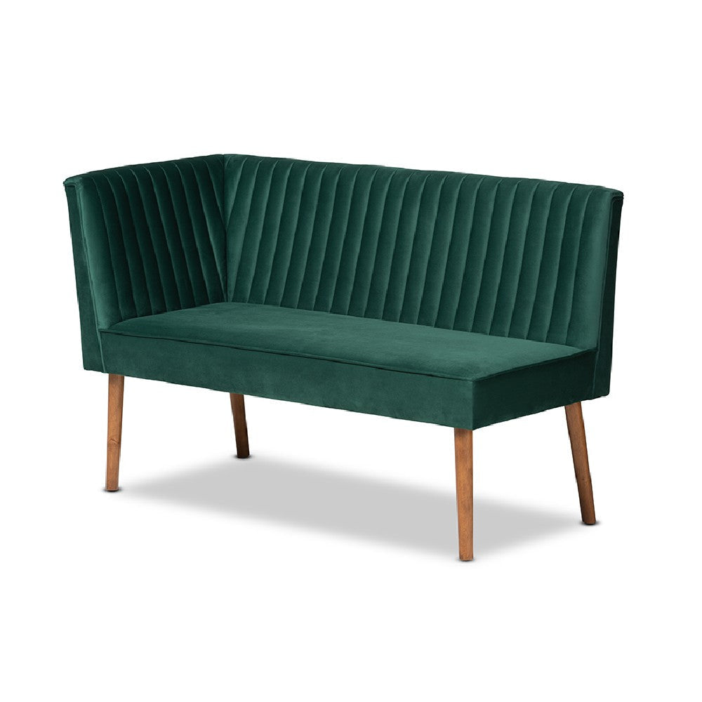Baxton Studio Alvis Mid-Century Modern Emerald Green Velvet Upholstered and Walnut Brown Finished Wood 2-Piece Dining Nook Banquette Set