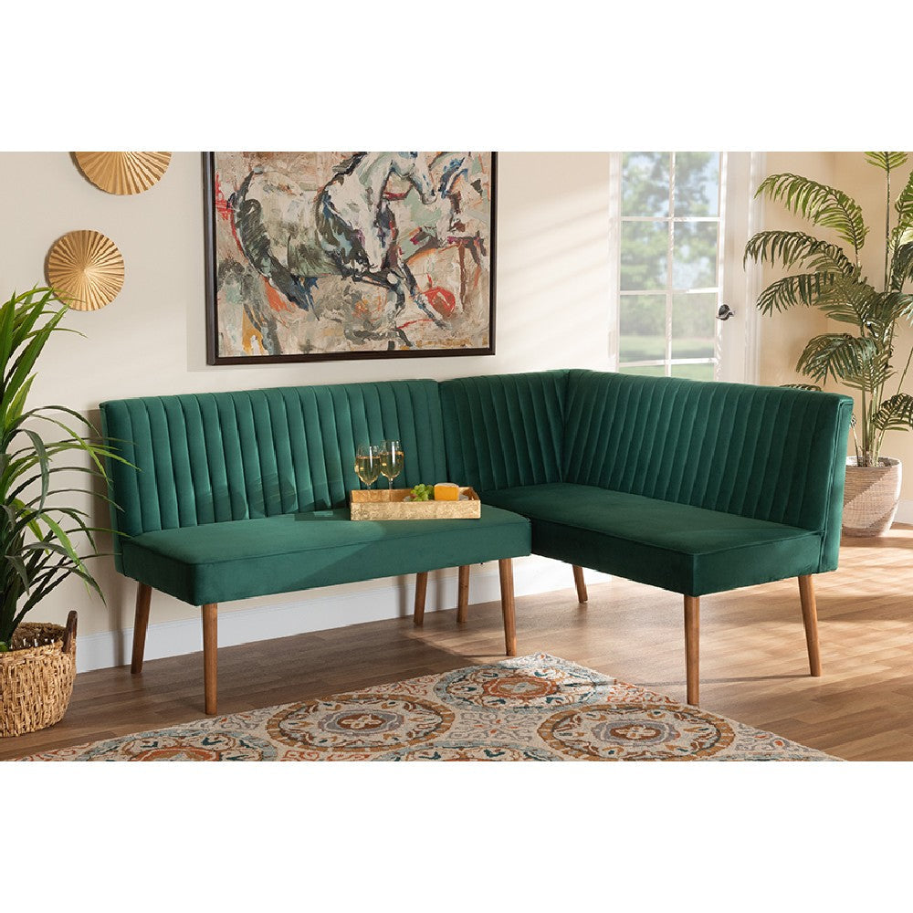 Baxton Studio Alvis Mid-Century Modern Emerald Green Velvet Upholstered and Walnut Brown Finished Wood 2-Piece Dining Nook Banquette Set