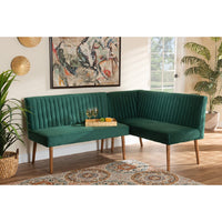 Baxton Studio Alvis Mid-Century Modern Emerald Green Velvet Upholstered and Walnut Brown Finished Wood 2-Piece Dining Nook Banquette Set
