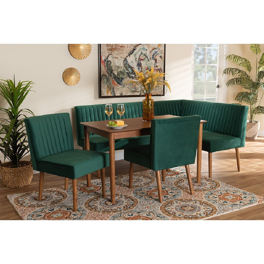 Baxton Studio Alvis Mid-Century Modern Emerald Green Velvet Upholstered and Walnut Brown Finished Wood 5-Piece Dining Nook Set
