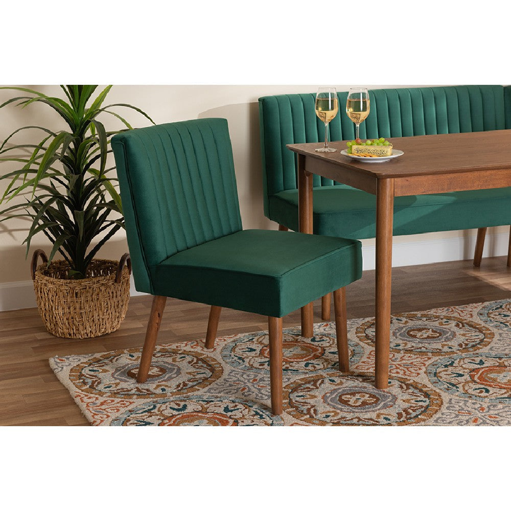 Baxton Studio Alvis Mid-Century Modern Emerald Green Velvet Upholstered and Walnut Brown Finished Wood Dining Chair