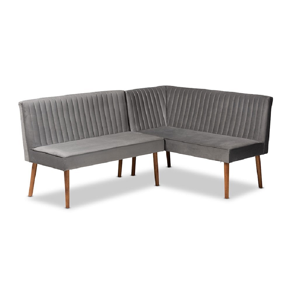 Baxton Studio Alvis Mid-Century Modern Grey Velvet Upholstered and Walnut Brown Finished Wood 2-Piece Dining Nook Banquette Set