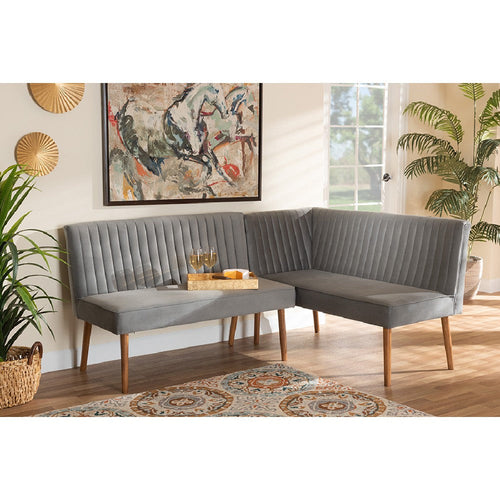 Baxton Studio Alvis Mid-Century Modern Grey Velvet Upholstered and Walnut Brown Finished Wood 2-Piece Dining Nook Banquette Set
