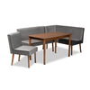 Baxton Studio Alvis Mid-Century Modern Grey Velvet Upholstered and Walnut Brown Finished Wood 4-Piece Dining Nook Set