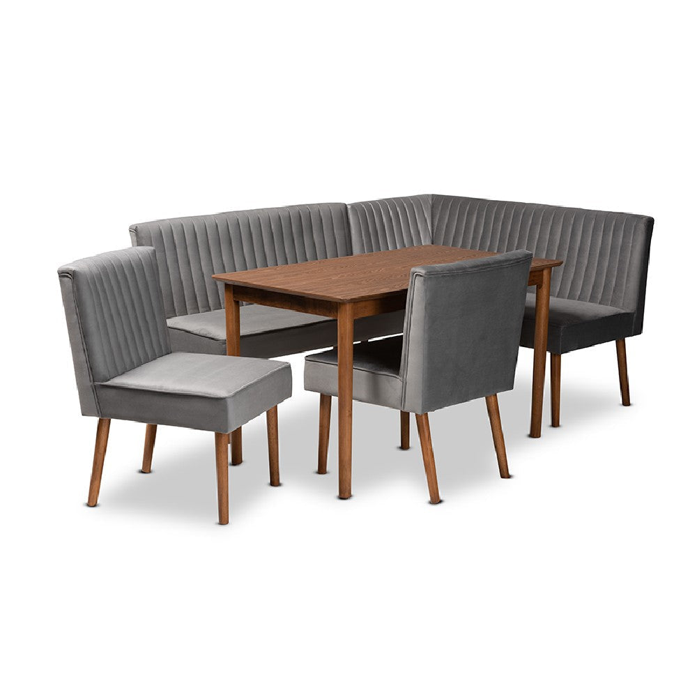 Baxton Studio Alvis Mid-Century Modern Grey Velvet Upholstered and Walnut Brown Finished Wood 5-Piece Dining Nook Set