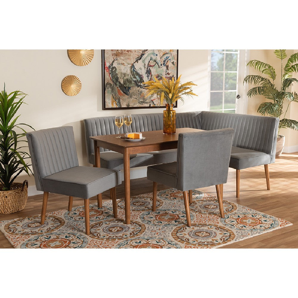Baxton Studio Alvis Mid-Century Modern Grey Velvet Upholstered and Walnut Brown Finished Wood 5-Piece Dining Nook Set