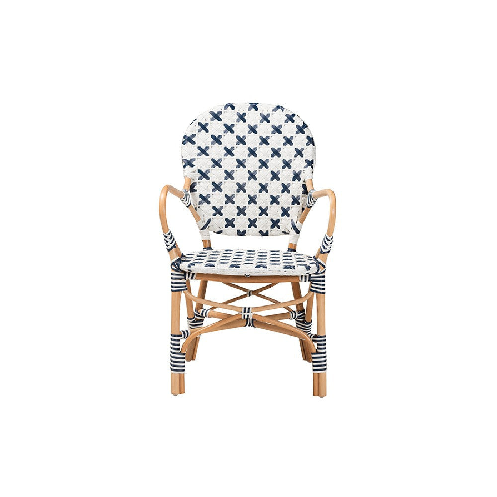 bali & pari Bryson Modern French Blue and White Weaving and Natural Rattan Bistro Chair WHI-BC010-W2-Rattan-DC-Arm
