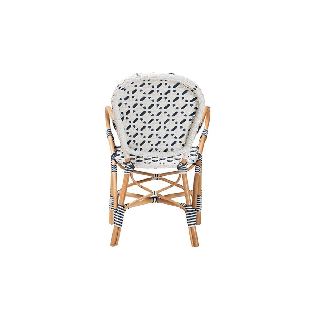 bali & pari Bryson Modern French Blue and White Weaving and Natural Rattan Bistro Chair WHI-BC010-W2-Rattan-DC-Arm