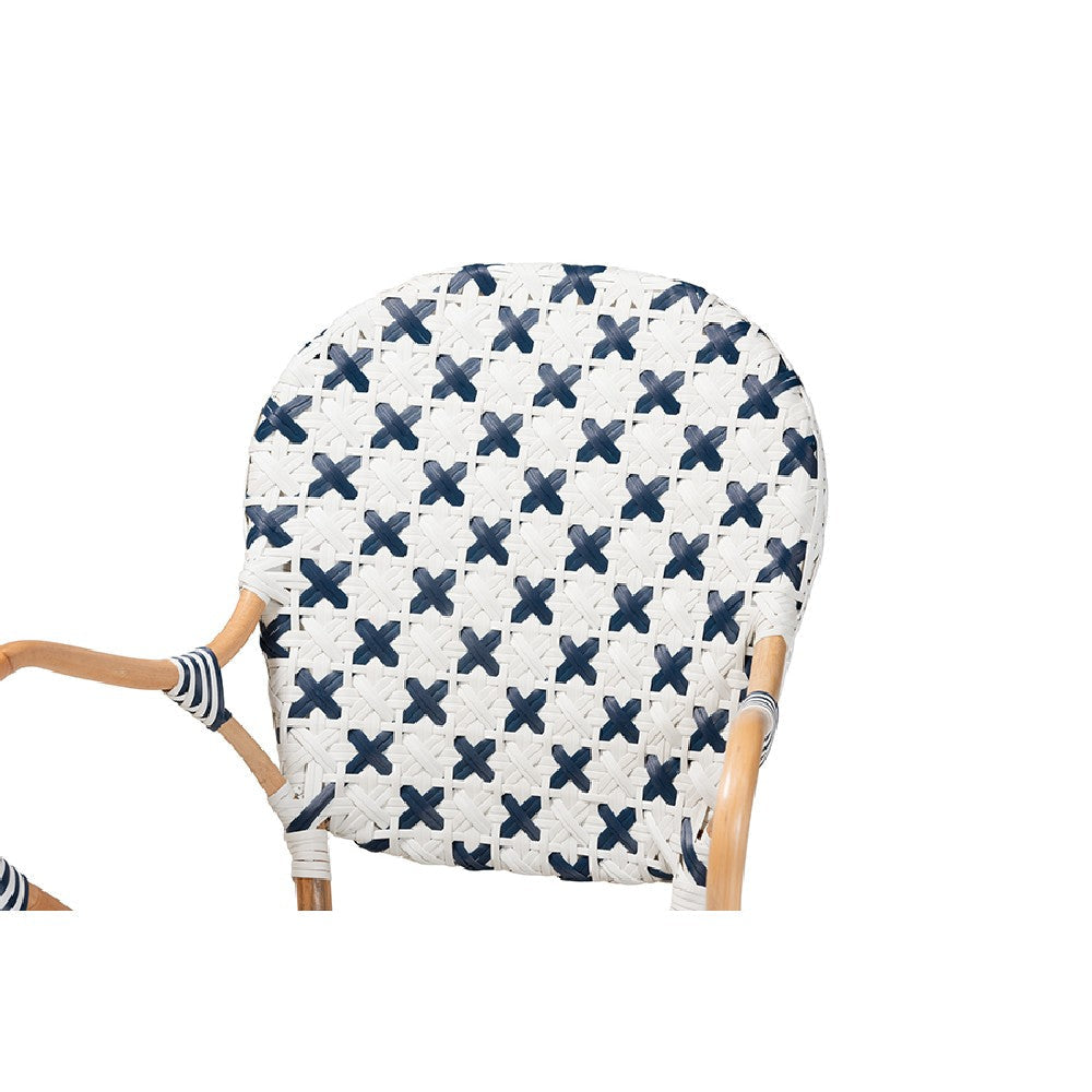 bali & pari Bryson Modern French Blue and White Weaving and Natural Rattan Bistro Chair WHI-BC010-W2-Rattan-DC-Arm