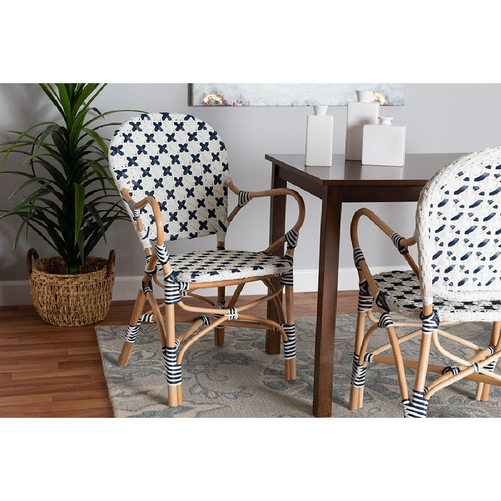 bali & pari Bryson Modern French Blue and White Weaving and Natural Rattan Bistro Chair WHI-BC010-W2-Rattan-DC-Arm