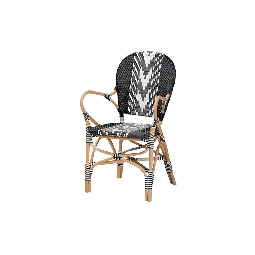 bali & pari Wallis Modern French Two-Tone Black and White Weaving and Natural Rattan Indoor Dining Chair WHI-BC010-W3-Rattan-DC-Arm