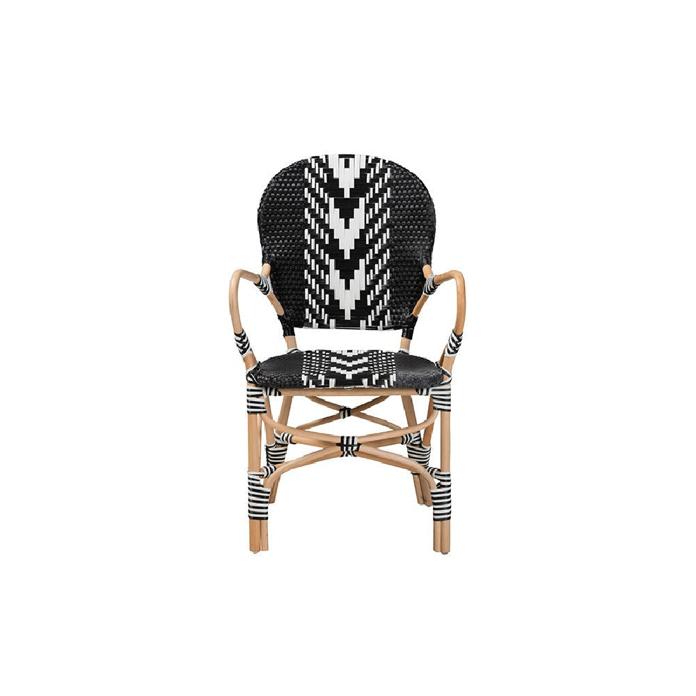 bali & pari Wallis Modern French Two-Tone Black and White Weaving and Natural Rattan Indoor Dining Chair WHI-BC010-W3-Rattan-DC-Arm