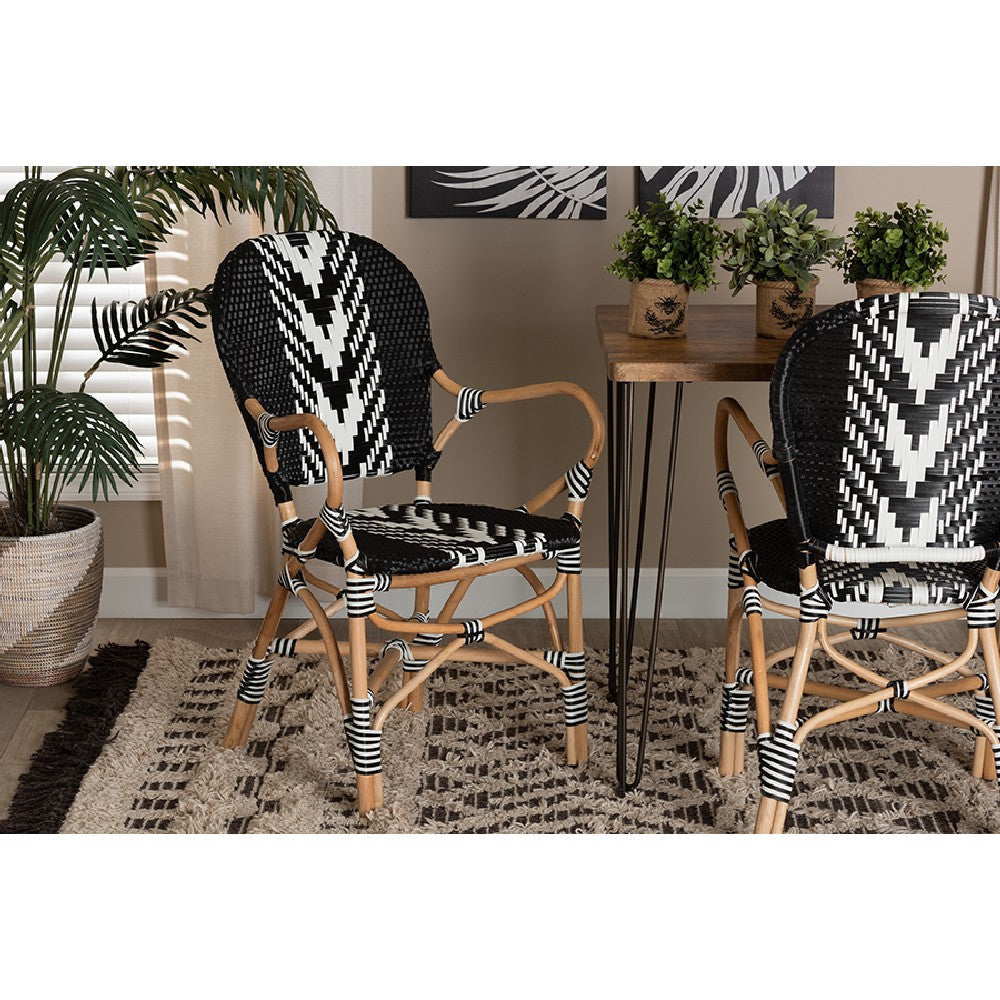 bali & pari Wallis Modern French Two-Tone Black and White Weaving and Natural Rattan Indoor Dining Chair WHI-BC010-W3-Rattan-DC-Arm