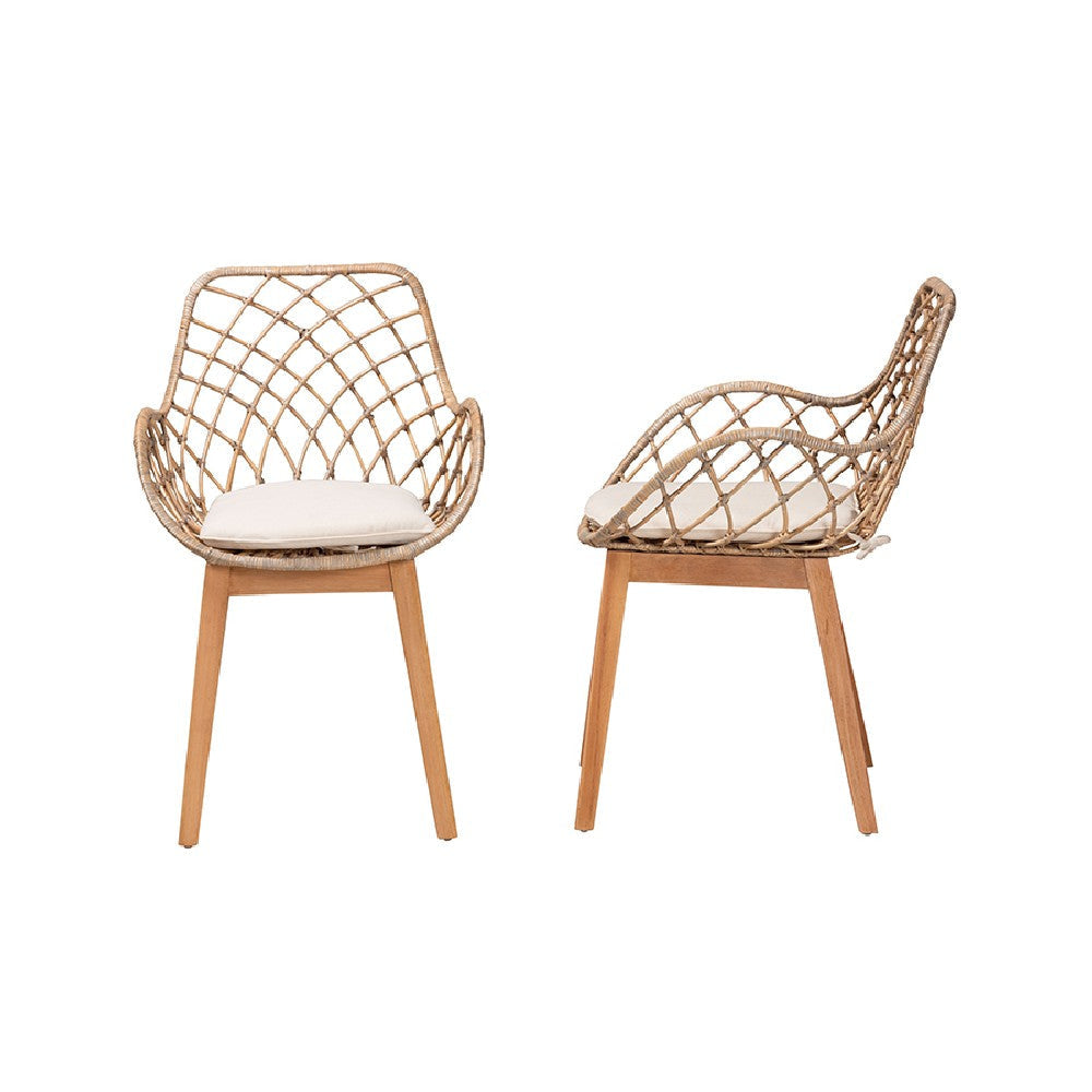 bali & pari Ballerina Modern Bohemian Greywashed Rattan and Natural Brown Finished Wood 2-Piece Dining Chair Set