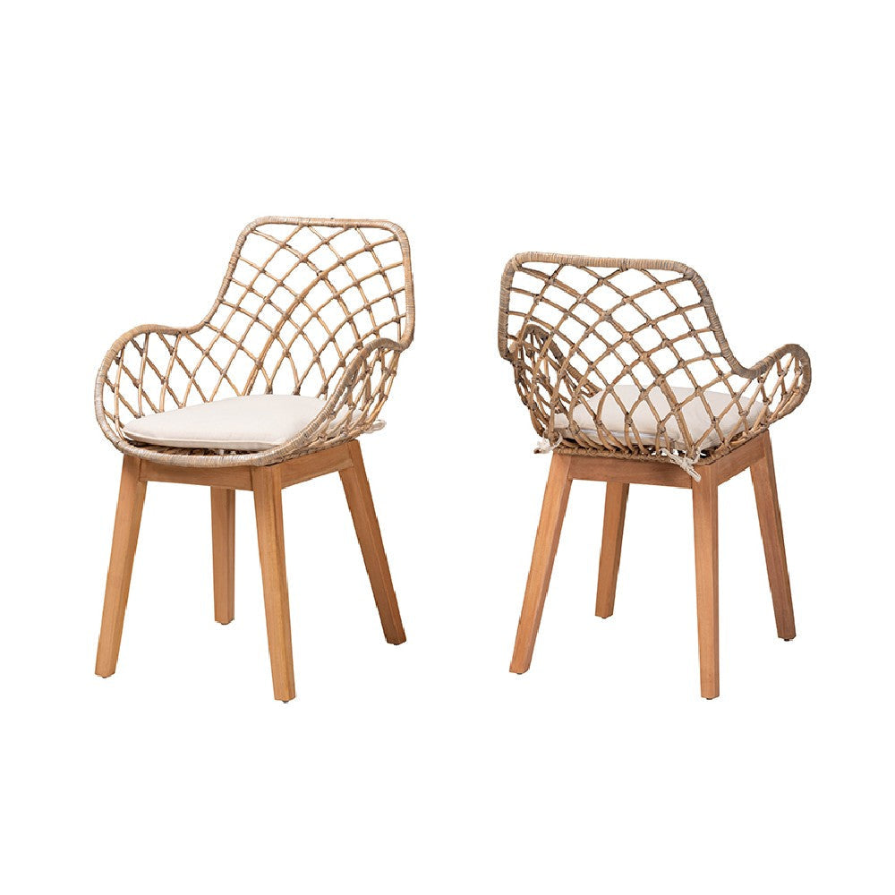 bali & pari Ballerina Modern Bohemian Greywashed Rattan and Natural Brown Finished Wood 2-Piece Dining Chair Set