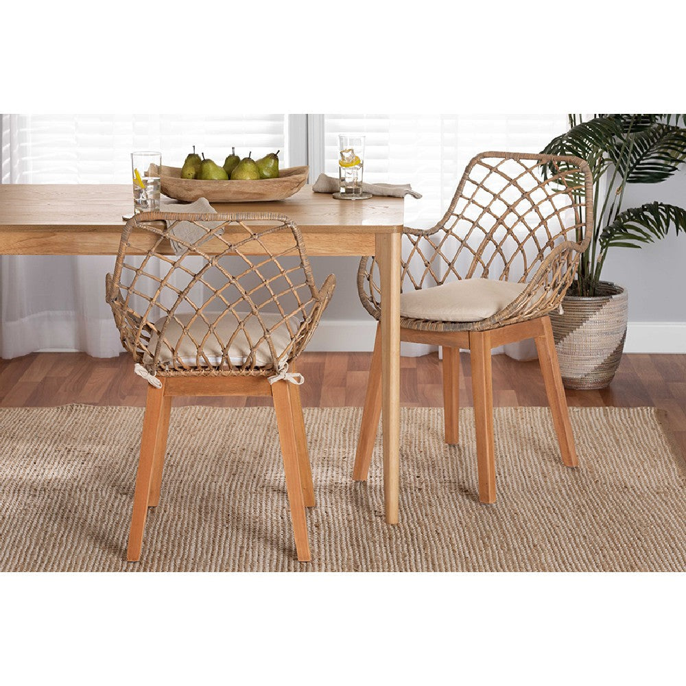 bali & pari Ballerina Modern Bohemian Greywashed Rattan and Natural Brown Finished Wood 2-Piece Dining Chair Set
